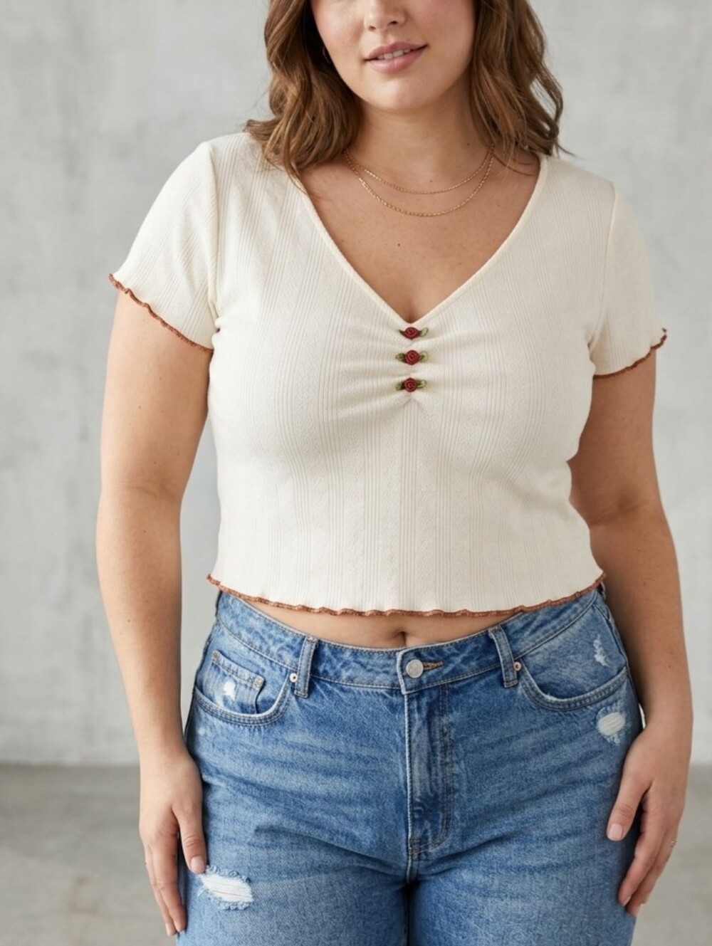 Womens V-Neck Crop Top Cream Size XL Coquette Cottagecore